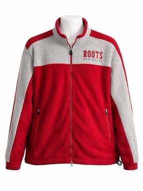 Size L Roots Men’s Fleece Jacket Red Grey Full Zip Athletic Y2K Style